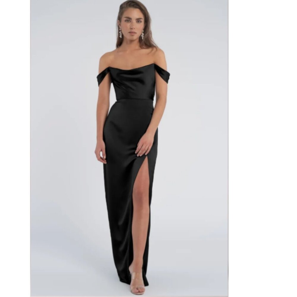 NWT Black Satin Off the Shoulder Gown- Size 2- Style Sawyer